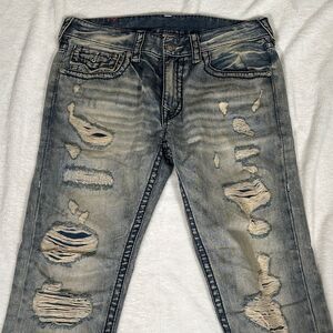 True Religion Relaxed Fit Distressed Jeans Faded Blue with Blue Stitch Accents!
